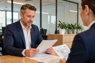 Un investisseur immobilier discute d'une caution bancaire avec son conseiller dans une agence moderne, documents de bail sur le bureau