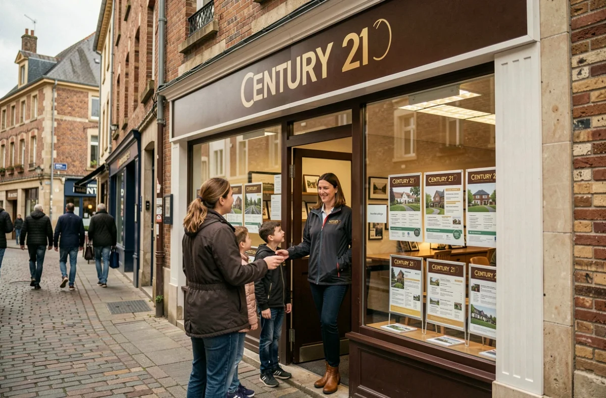 Agente Century 21 accueillant une famille à l'entrée de l'agence immobilière dans les Landes
