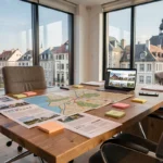 Un chasseur immobilier professionnel consulte une carte détaillée du Grand Est sur un bureau en bois entouré d'annonces immobilières