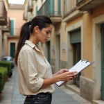 Femme consultant une checklist de bail devant un immeuble résidentiel vieillissant à Fréjus