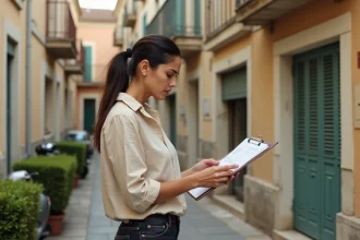 Femme consultant une checklist de bail devant un immeuble résidentiel vieillissant à Fréjus