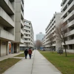 Vue de rue de la Cité Pablo Picasso à Nanterre, architecture brutaliste des années 1970, immeubles en béton et habitants au quotidien