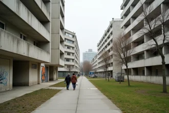 Vue de rue de la Cité Pablo Picasso à Nanterre, architecture brutaliste des années 1970, immeubles en béton et habitants au quotidien