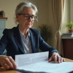 Agente administrative examinant un dossier de demande de logement social lors d'une commission d'attribution