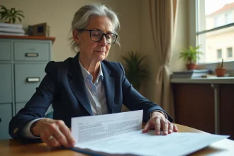 Agente administrative examinant un dossier de demande de logement social lors d'une commission d'attribution