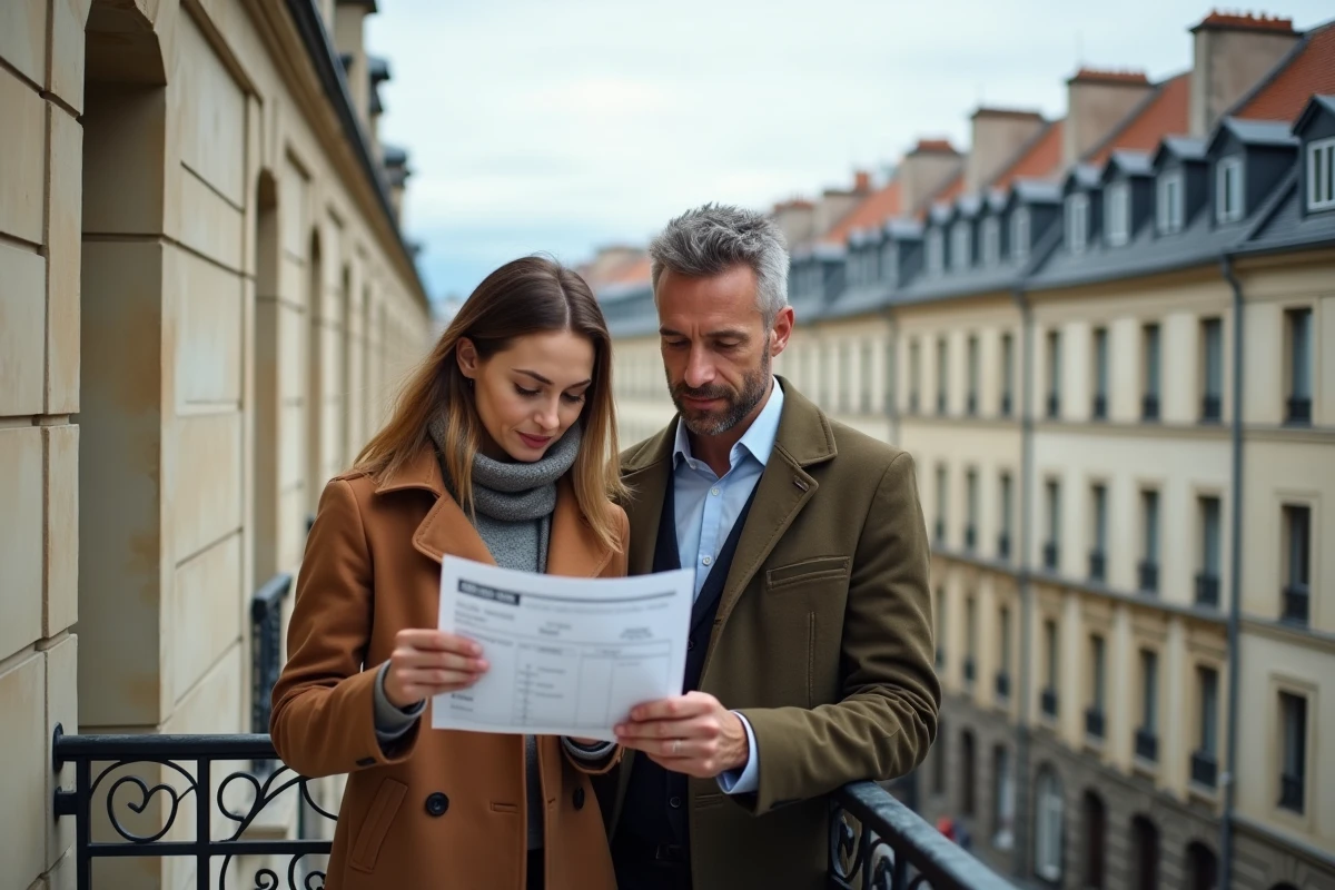 Deux propriétaires comparant les prix de location sur un balcon avec vue sur les toits de Lyon