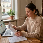 Femme consultant des offres d'assurance habitation sur ordinateur portable dans un appartement de Montreuil