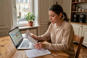 Femme consultant des offres d'assurance habitation sur ordinateur portable dans un appartement de Montreuil