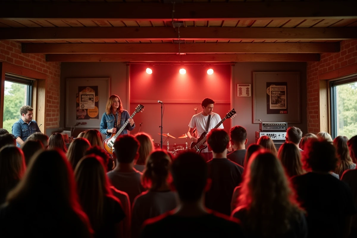 Concert live à l'intérieur d'une péniche-bar à Lyon avec groupe de musique sur scène