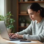 Femme connectant son compte en ligne sur un ordinateur portable dans un bureau à domicile sécurisé