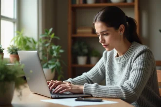 Femme connectant son compte en ligne sur un ordinateur portable dans un bureau à domicile sécurisé