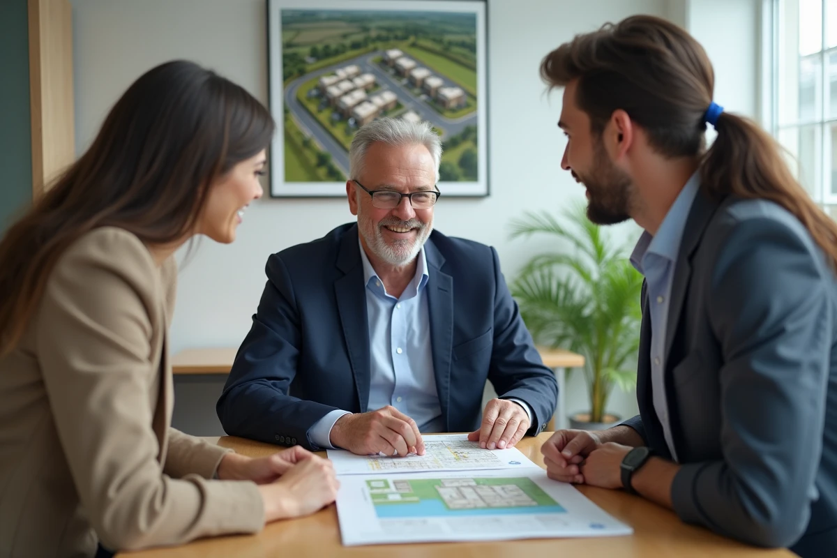 Conseiller immobilier présentant un plan de financement pour l'achat d'un chalet en PRL avec cession de parcelles