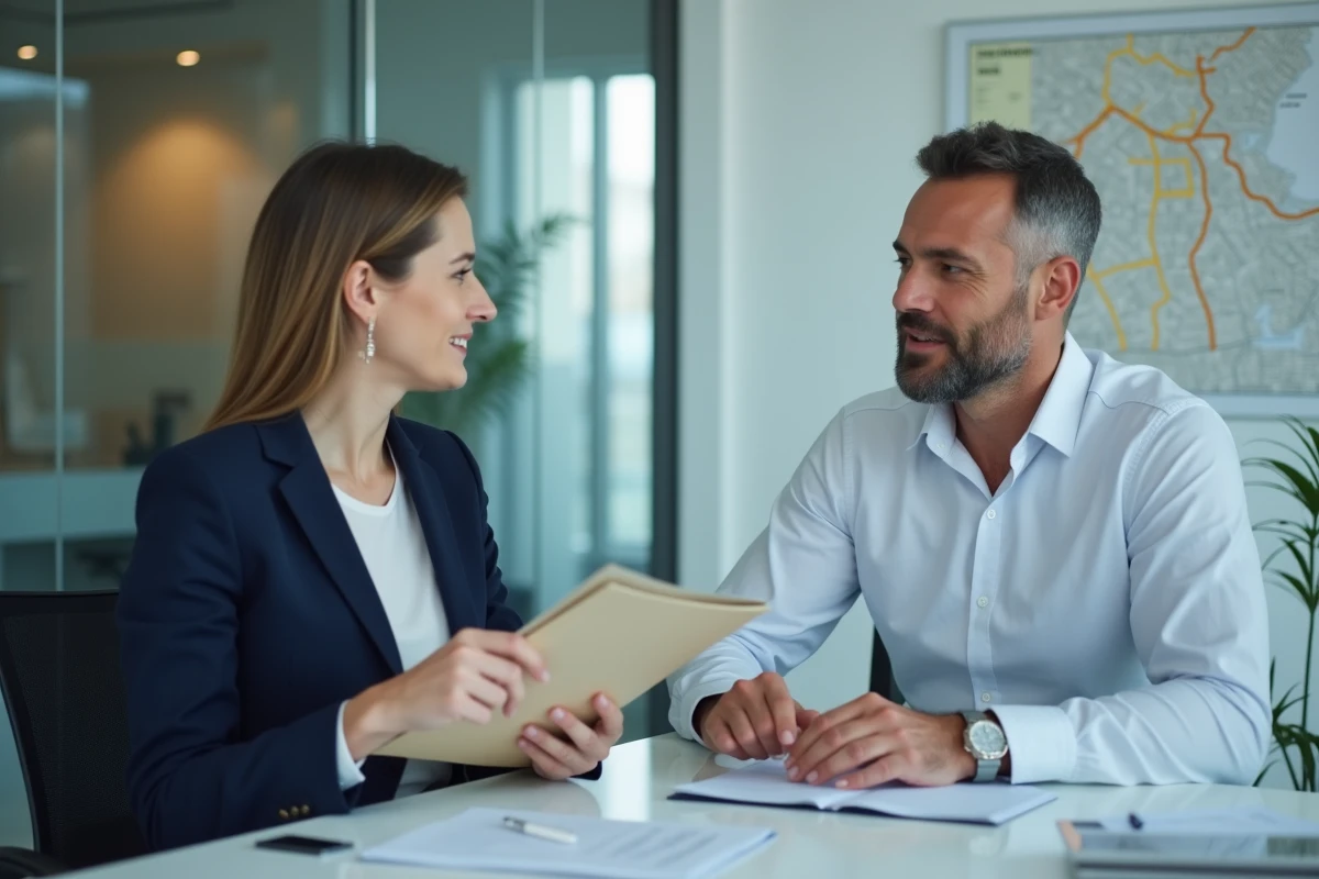 Conseiller immobilier présentant des options de financement à une primo-accédante dans une agence immobilière à Lyon