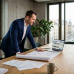 Conseiller en investissement locatif examinant des documents immobiliers dans un bureau moderne à Nantes