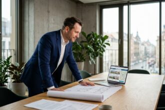 Conseiller en investissement locatif examinant des documents immobiliers dans un bureau moderne à Nantes