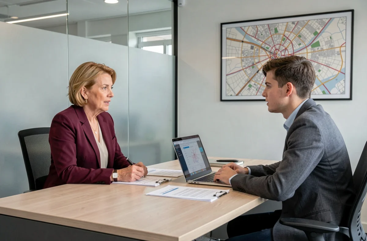 Conseillère en assurance habitation expliquant les critères de contrat à une cliente dans un bureau à Lille