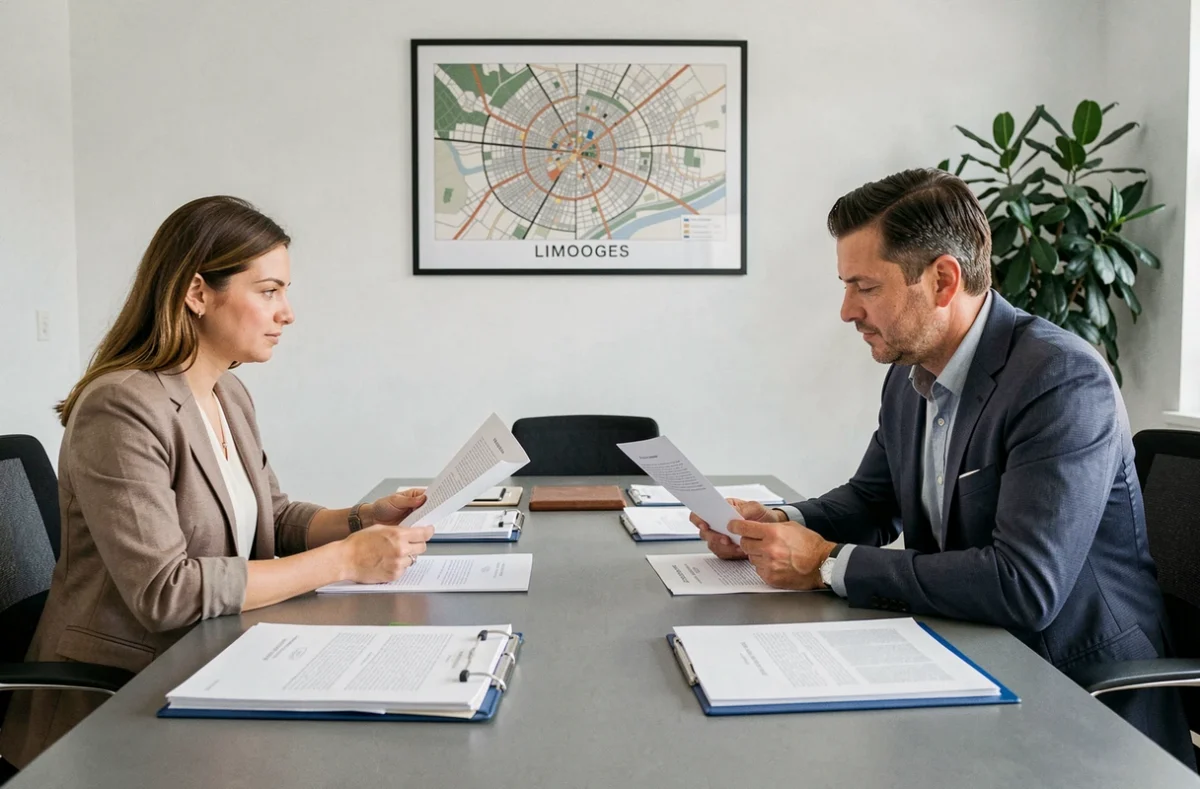 Couple en consultation avec un notaire à Limoges, examinant des documents contractuels dans un bureau notarial moderne