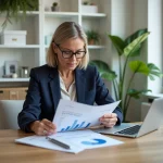 Femme consultant des documents immobiliers et un tableau de prix au m² sur tablette dans un bureau moderne