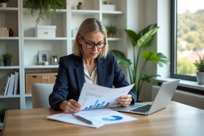 Femme consultant des documents immobiliers et un tableau de prix au m² sur tablette dans un bureau moderne