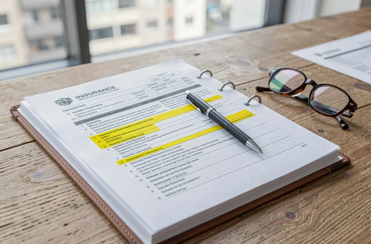 Contrat d'assurance habitation ouvert sur un bureau en bois avec stylo et lunettes de lecture