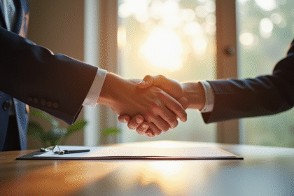 Propriétaire et locataire se serrant la main dans un salon lumineux