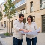 Jeune couple consultant des plans devant un immeuble neuf à Lyon, illustrant l'achat immobilier dans le neuf en 2026