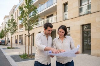 Jeune couple consultant des plans devant un immeuble neuf à Lyon, illustrant l'achat immobilier dans le neuf en 2026