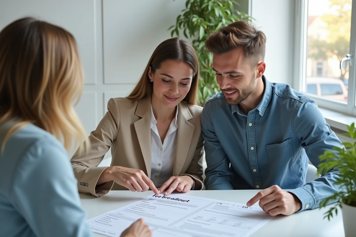 Couple d'acheteurs immobiliers étudiant un tableau de frais de notaire détaillé lors d'un rendez-vous en agence