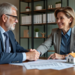 Couple d'affaires discutant de documents immobiliers dans un bureau moderne