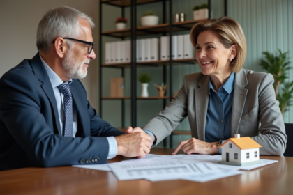 Couple d'affaires discutant de documents immobiliers dans un bureau moderne