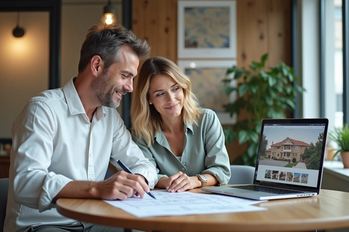 Couple consultant des annonces immobilières dans une agence moderne de Perpignan avec plans et ordinateur portable