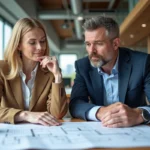 Couple d'architectes en réunion dans un bureau lumineux