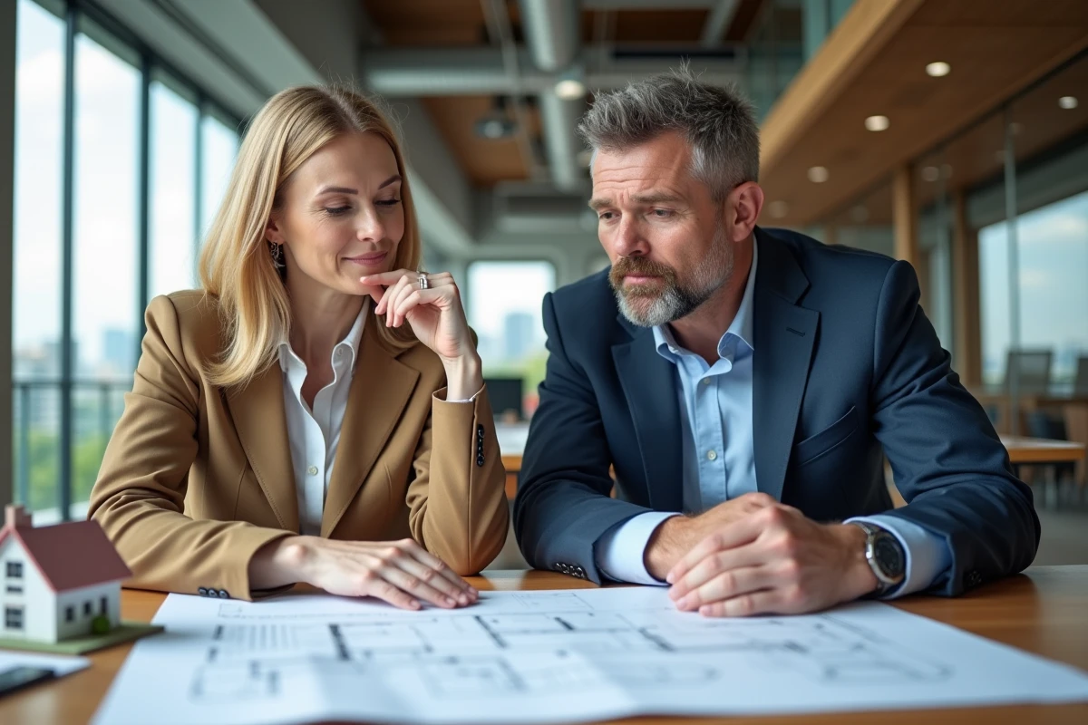 Couple d'architectes en réunion dans un bureau lumineux
