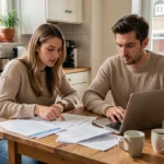 Couple consultant des documents d'assurance habitation dans un appartement à Dreux