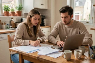Couple consultant des documents d'assurance habitation dans un appartement à Dreux