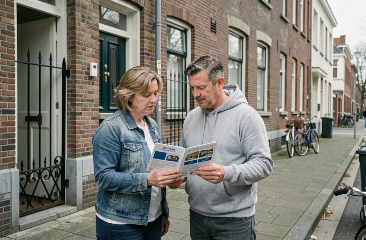 Couple comparant des brochures d'assurance habitation devant un immeuble résidentiel à Montreuil