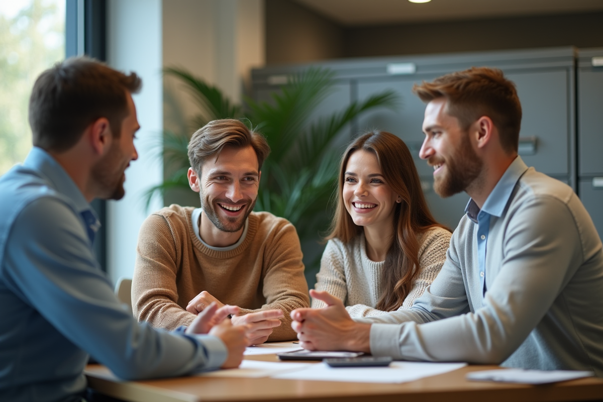 Jeune couple discutant avec conseiller bancaire