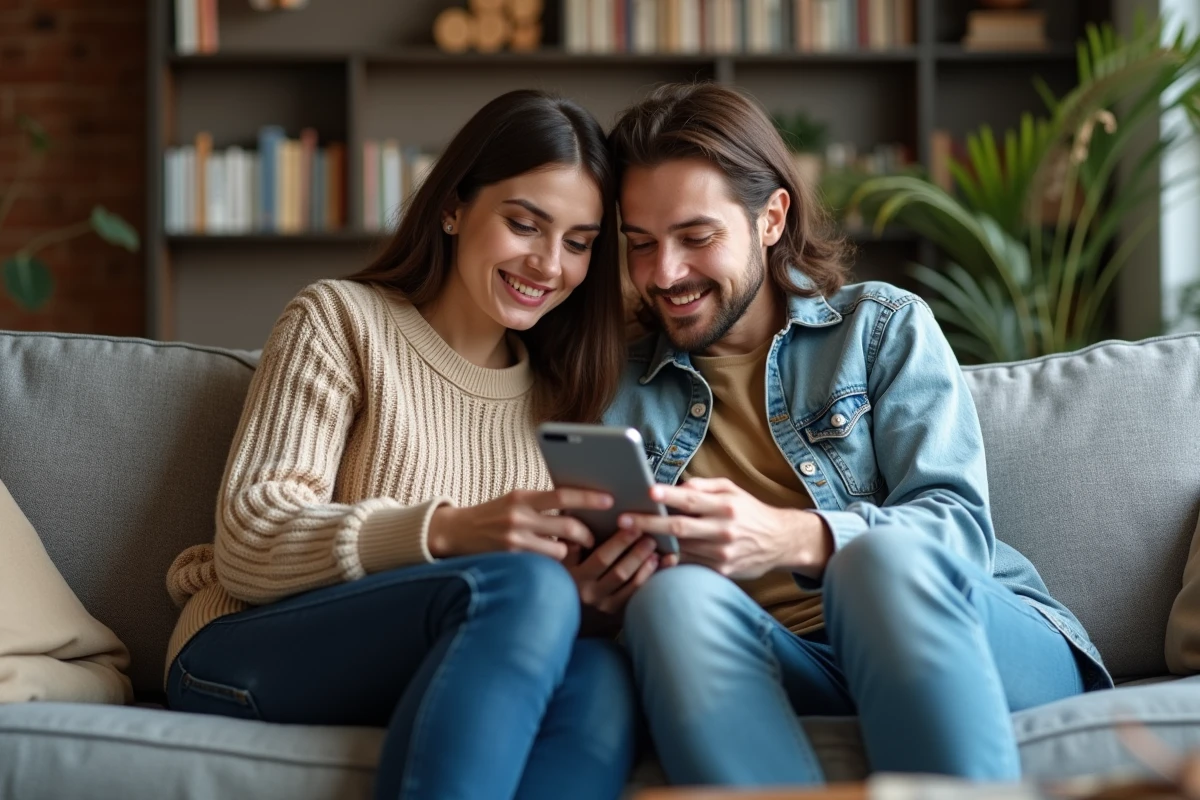 Couple consultant ensemble les documents de leur copropriété sur l'application mobile Myfoncia dans leur salon