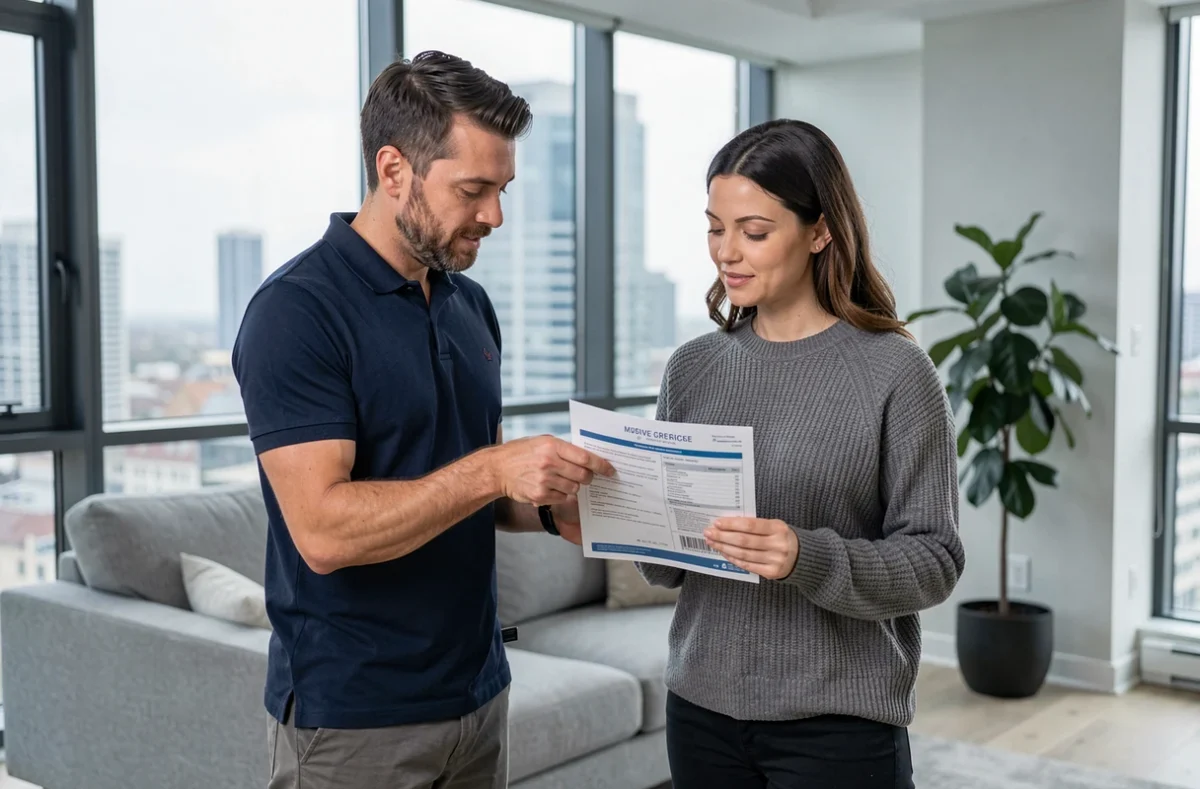Couple examinant ensemble un contrat d'assurance habitation dans leur appartement moderne