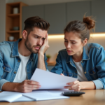 Jeune couple préoccupé examinant des documents de location