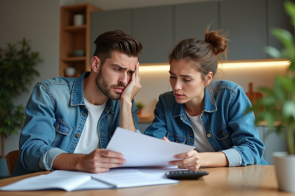 Jeune couple préoccupé examinant des documents de location