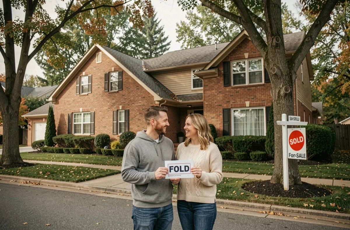 Couple heureux devant leur maison vendue dans un quartier résidentiel calme tenant un panneau vendu