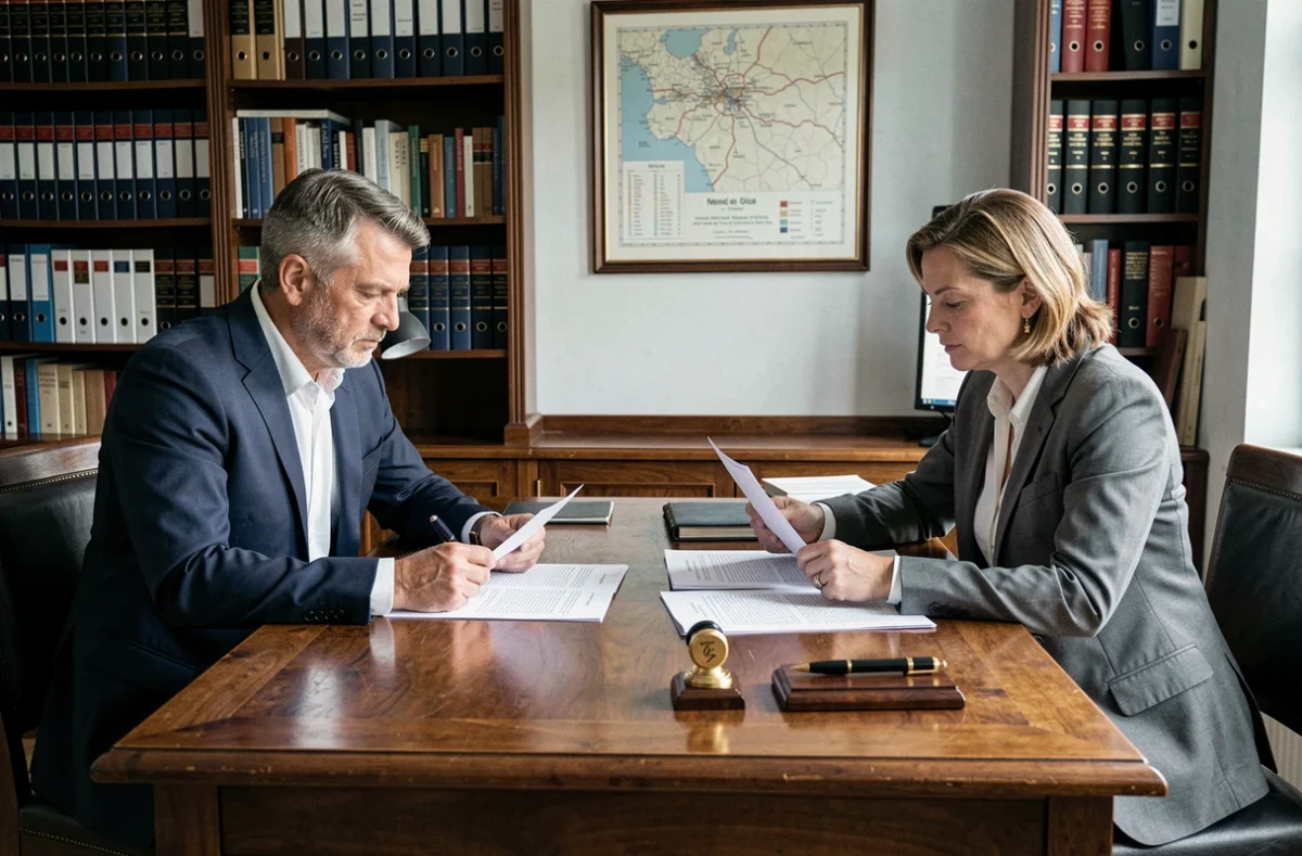 Couple en instance de divorce signat des documents immobiliers chez un notaire dans l'Oise pour une vente rapide de maison