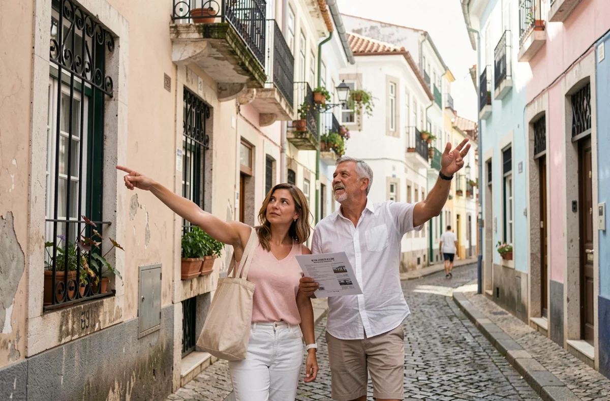Couple expatrié visitant un immeuble à rénover dans le quartier Bonfim de Porto avec une annonce immobilière en main