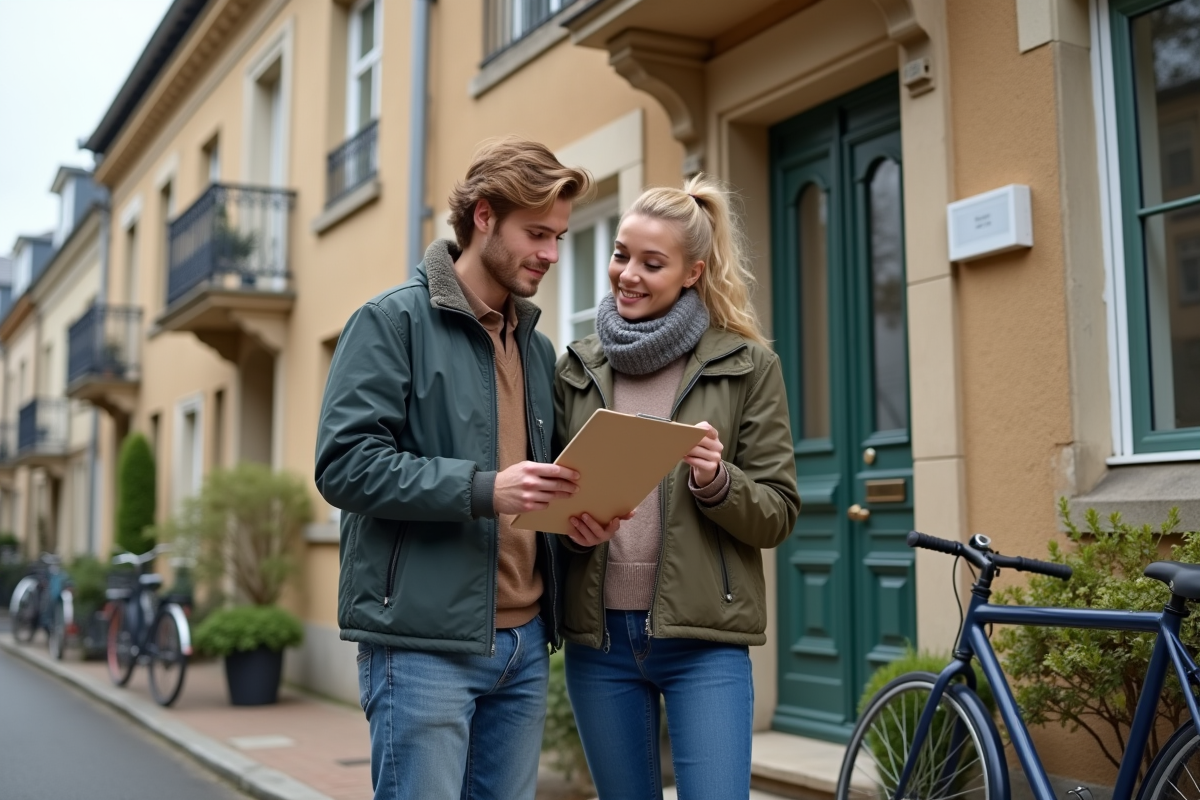 Jeune couple discute devant une maison en rénovation dans une rue parisienne