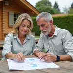 Couple étudiant un plan de cession de parcelles devant un chalet en PRL en Vendée