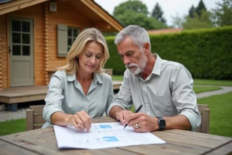 Couple étudiant un plan de cession de parcelles devant un chalet en PRL en Vendée