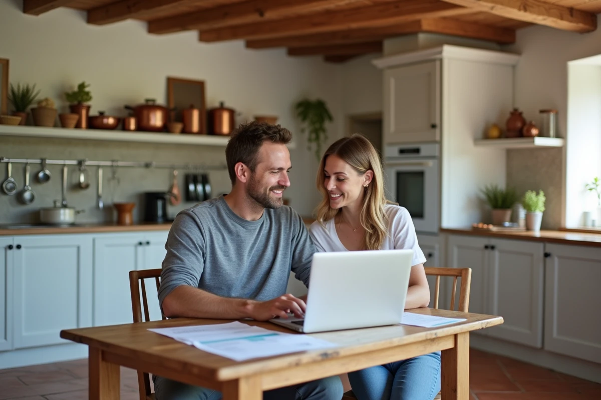 Couple d'hôtes Airbnb comparant leur gestion locative sur ordinateur dans une maison en pierre rénovée