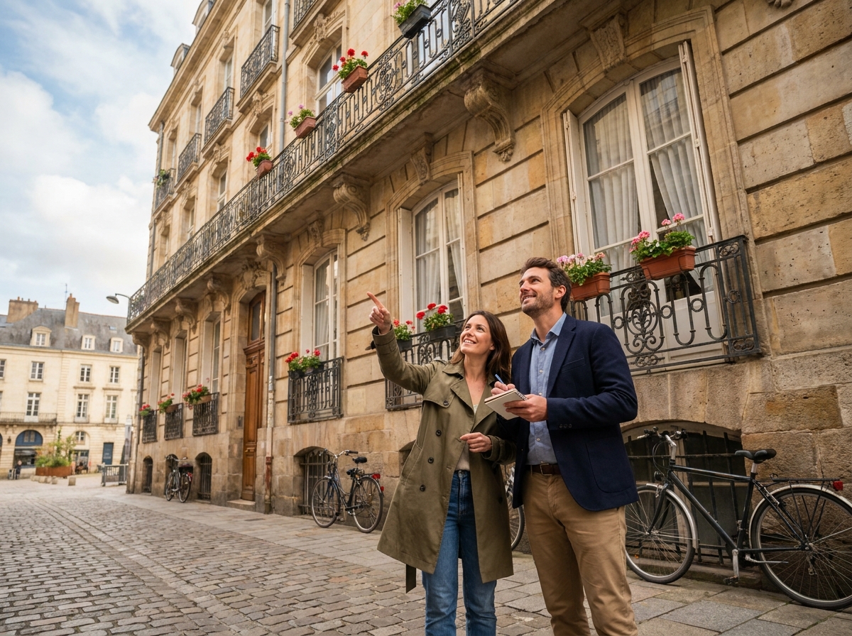 Couple d'investisseurs visitant un immeuble ancien rénové dans le quartier Bouffay à Nantes