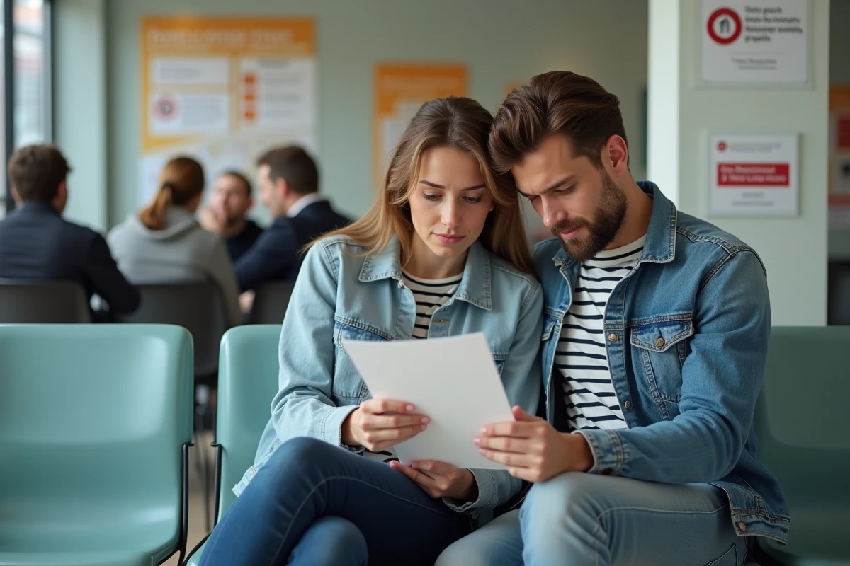 Jeune couple lisant une lettre de réponse favorable de la commission d'attribution de logement dans une salle d'attente